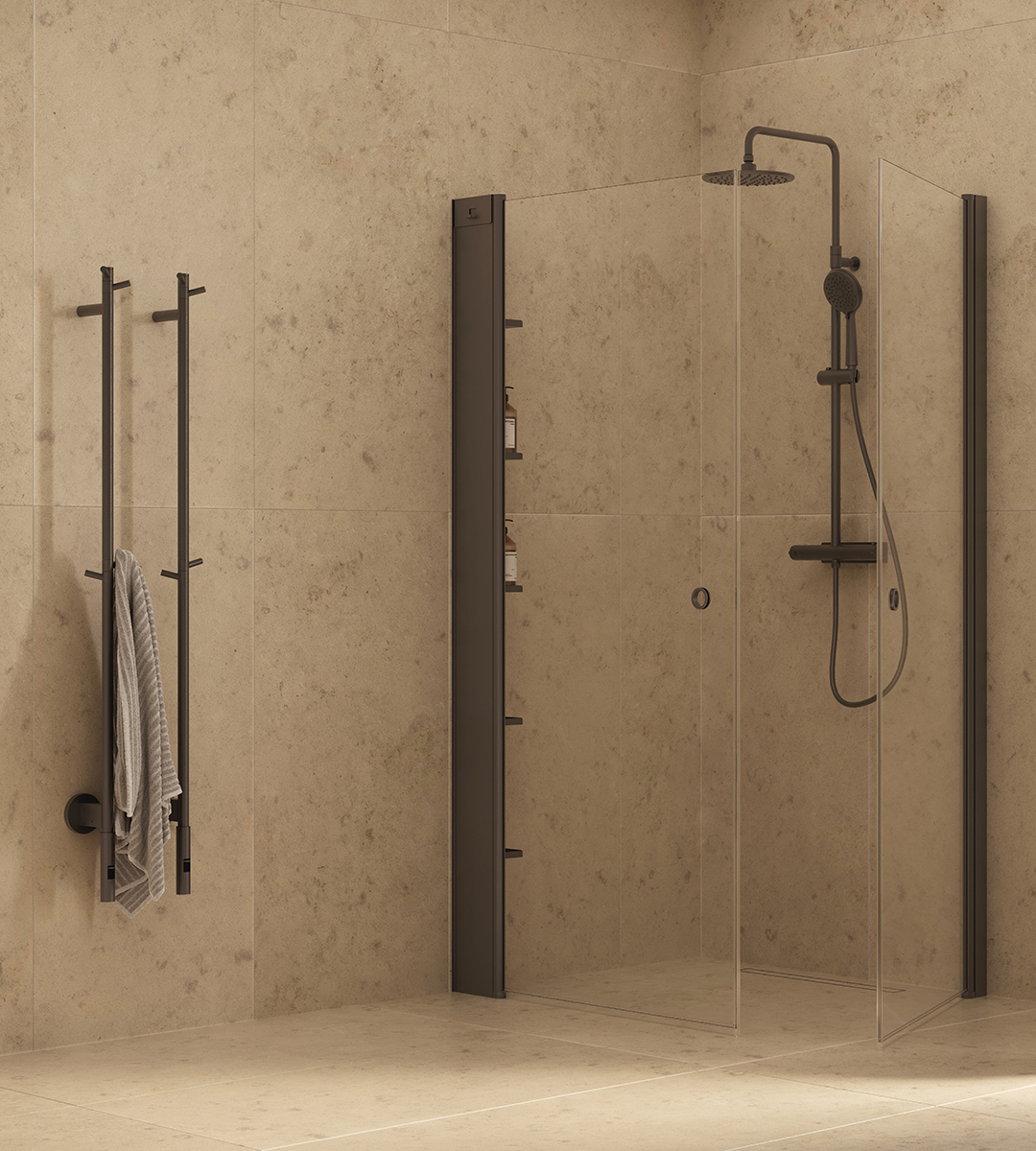 Skoga hjørnedusj og Amor håndkletørker i profilfargen mocca