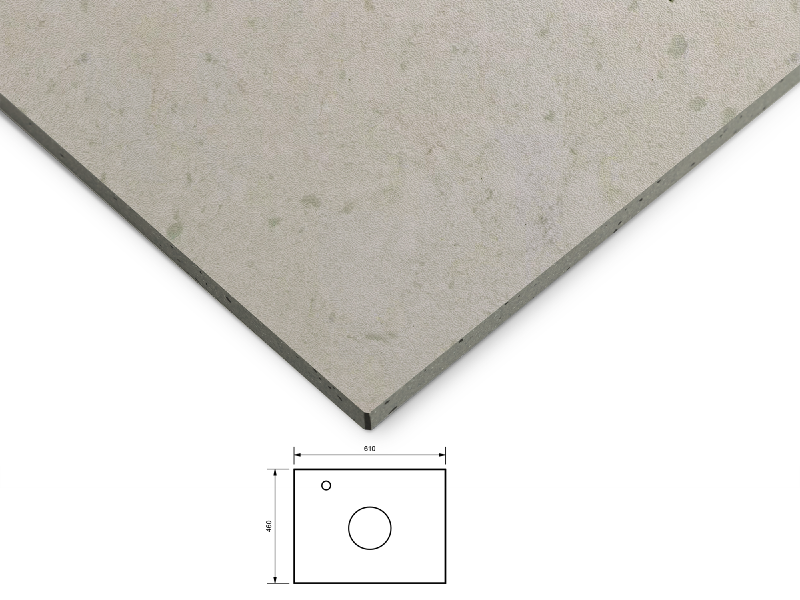 Kvarts benkeplate 60 cm i en grå, sandfarget overflate. Servant plassert i midten av benkeplaten, krom ettgrepsarmatur til venstre for servanten.