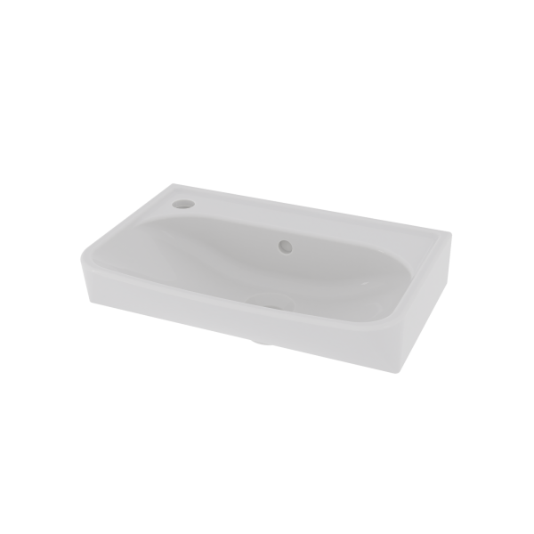 Servant Skapa i hvitt porselen, 45x25 cm, med hull til blandebatteri og overløp. Skrått ovenfra, gjennomsiktig bakgrunn.