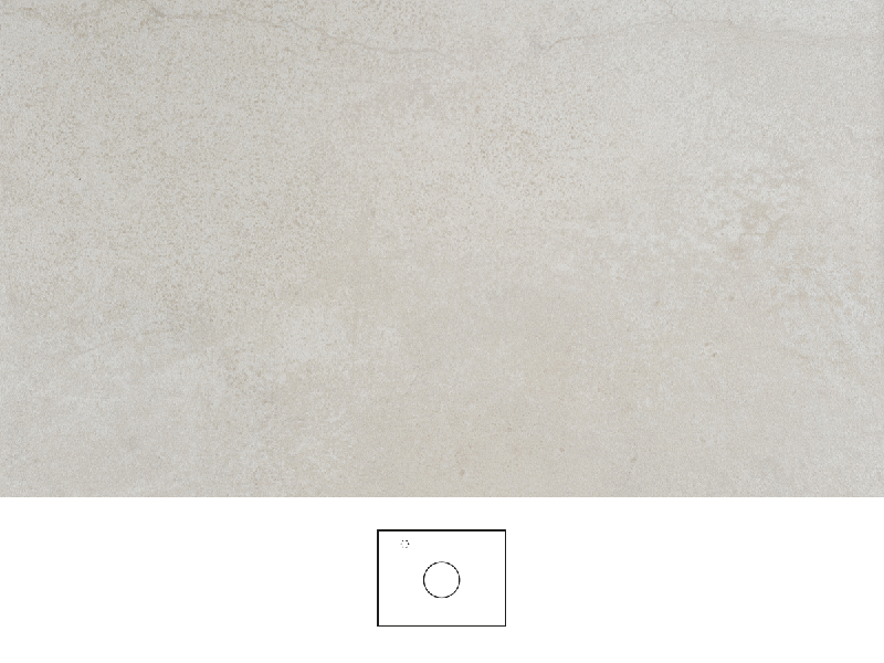 Jura benkeplate 60 cm i lys beige kalksteinlook med silkematt overflate og myk naturlig struktur. Servant plassert i midten av benkeplaten, krom ettgrepsarmatur til venstre for servanten.