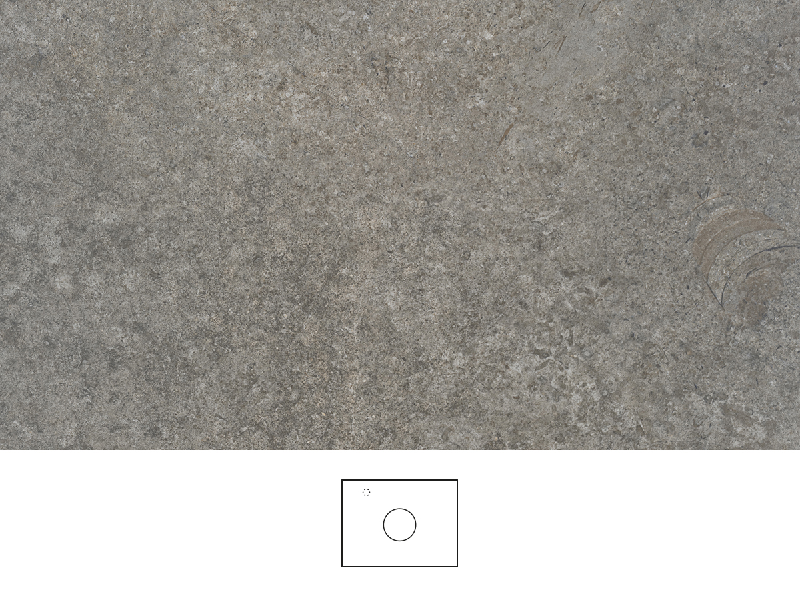 Mineral benkeplate 60 cm i varmgrå steinlook med naturlige variasjoner og matt struktur. Servant plassert i midten av benkeplaten, krom ettgrepsarmatur til venstre for servanten.