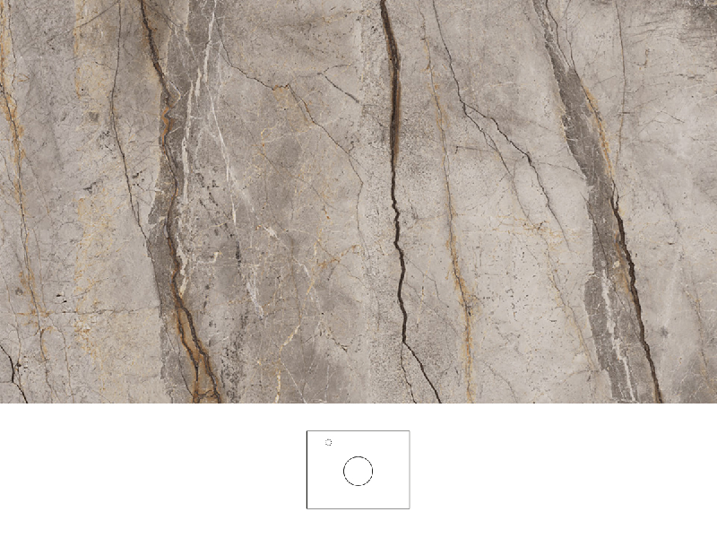 Silva benkeplate 60 cm i varmgrå steinlook med matt, lett strukturert overflate. Servant plassert i midten av benkeplaten, krom ettgrepsarmatur til venstre for servanten.