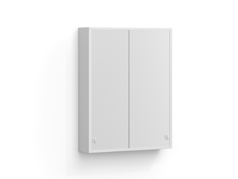 I:et speilskap 55 cm i matt hvit med to skyvedører i speilglass, uten belysning.