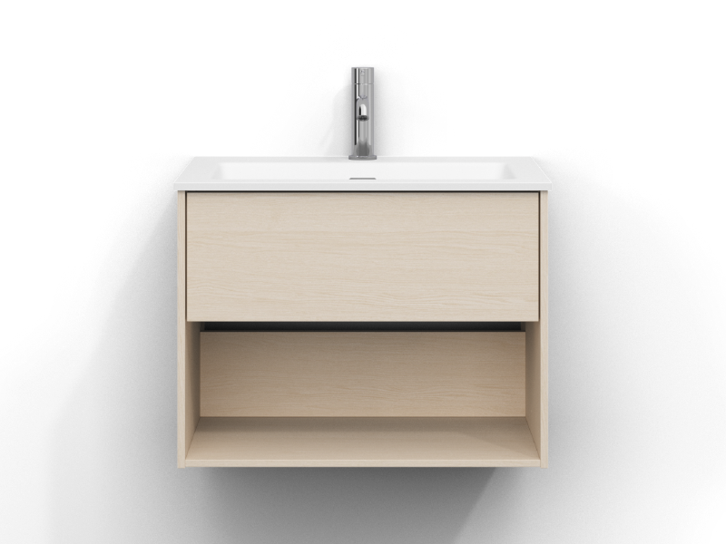 Epos servantskap, 60 cm bredt, veggmontert, i hvit ask med én skuff og én åpen hylle, uten håndtak. Hvit porselensservant med krom ettgrepsarmatur montert i midten av servanten.