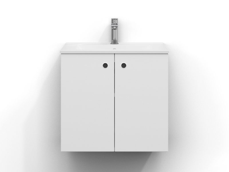 Intro vanity unit 60 cm wide, wall-mounted, in matt white with two doors and finger grip. Hvit porselensservant med krom ettgrepsarmatur montert i midten av servanten.