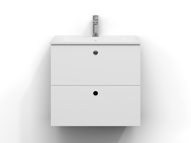 Intro vanity unit 60 cm wide, wall-mounted, in matt white with two drawers and finger grip. Hvit porselensservant med krom ettgrepsarmatur montert i midten av servanten.