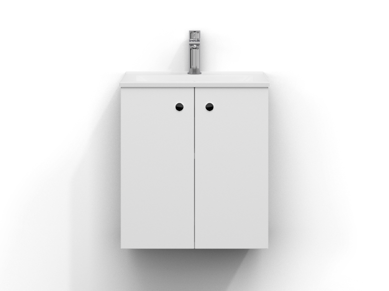 Intro vanity unit 50 cm wide, wall-mounted, in matt white with two doors and finger grip. Hvit porselensservant med krom ettgrepsarmatur montert i midten av servanten.