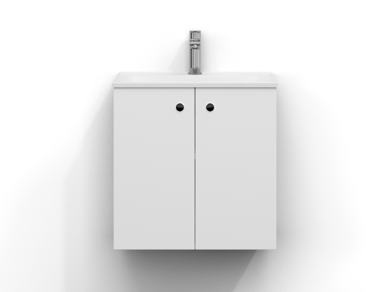 Intro vanity unit 55 cm wide, wall-mounted, in matt white with two doors and finger grip. Hvit porselensservant med krom ettgrepsarmatur montert i midten av servanten.