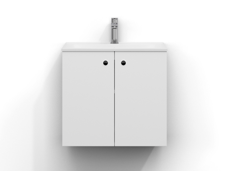 Intro vanity unit 60 cm wide, wall-mounted, in matt white with two doors and finger grip. Hvit porselensservant med krom ettgrepsarmatur montert i midten av servanten.