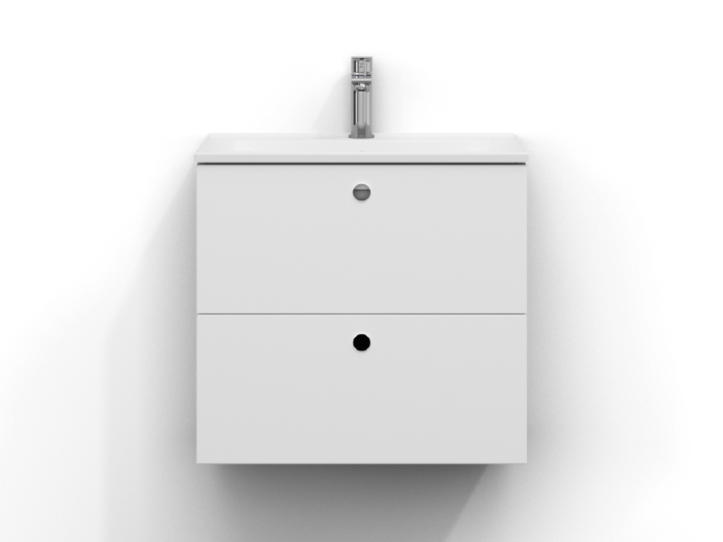 Intro vanity unit 60 cm wide, wall-mounted, in matt white with two drawers and finger grip. Hvit porselensservant med krom ettgrepsarmatur montert i midten av servanten.