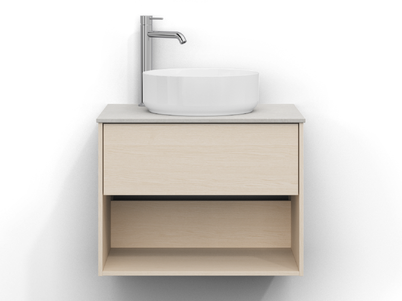 Epos servantskap, 60 cm bredt, veggmontert, i hvit ask med én skuff og én åpen hylle, uten håndtak. Beric benkeplate 60 cm i lys kalksteinlook med silkematt overflate og subtil struktur. Servant plassert i midten av benkeplaten, krom ettgrepsarmatur til venstre for servanten.