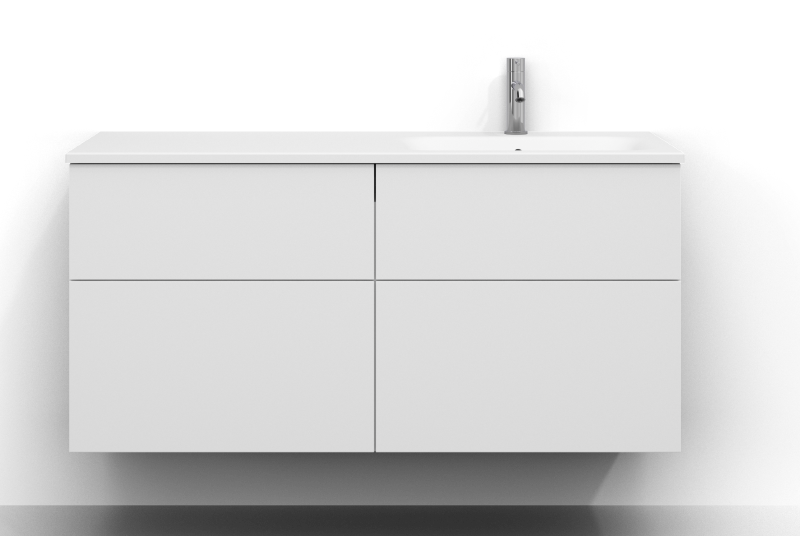 Poem servantskap, 120 cm bredt, veggmontert, i hvit med fire skuffer uten håndtak. Hvit servant i mineral kompositt med kum til høyre og krom ettgrepsarmatur montert på høyre side av servanten.