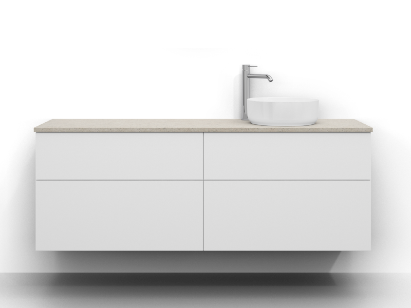 Poem servantskap, 160 cm bredt, veggmontert, i hvit med fire skuffer uten håndtak. Kvarts benkeplate 160 cm i en grå, sandfarget overflate. Servant plassert til høyre på benkeplaten, krom ettgrepsarmatur til venstre for servanten.