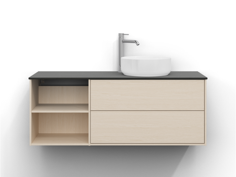 Epos servantskap 120×45 cm i hvit ask med to skuffer, åpen hylle og Plan-front. Mørk Feron-benkeplate og rund hvit Myre-servant til høyre.