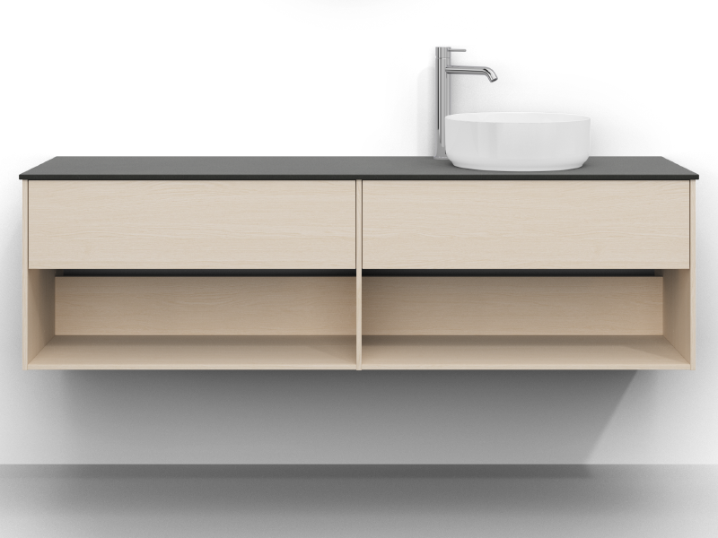 Epos servantskap 160×45 cm i hvit ask med to skuffer og Plan-front. Mørk Feron-benkeplate og rund hvit Myre-servant til høyre.